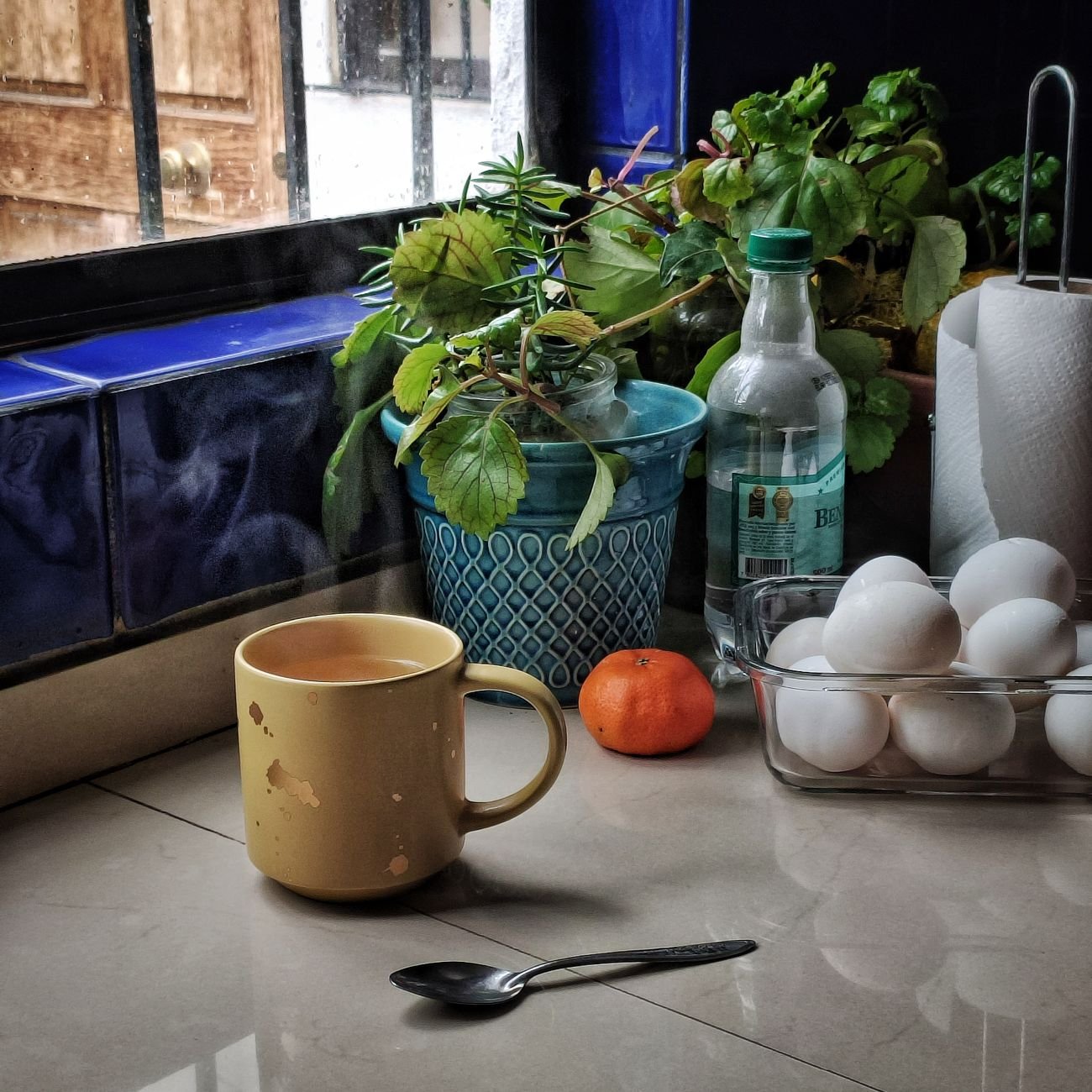 A warm kitchen scene featuring a steaming mug, eggs, a tangerine, and a potted plant.